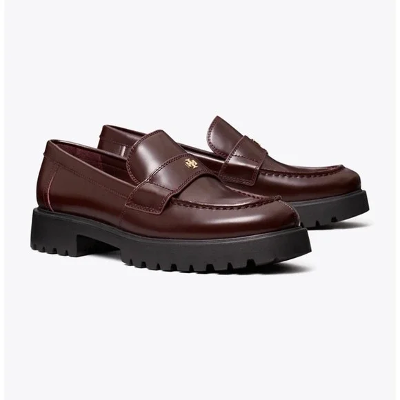 Tory Burch Classic Lug Sole Loafers Size‎ 8.5 Plum Burgundy Leather Academia NEW